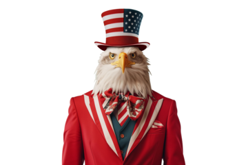 
symbol of the usa white eagle in a suit in the colors of the american flag and a top hat. png object isolated on transparent background, mockup, design, template, layout, sticker