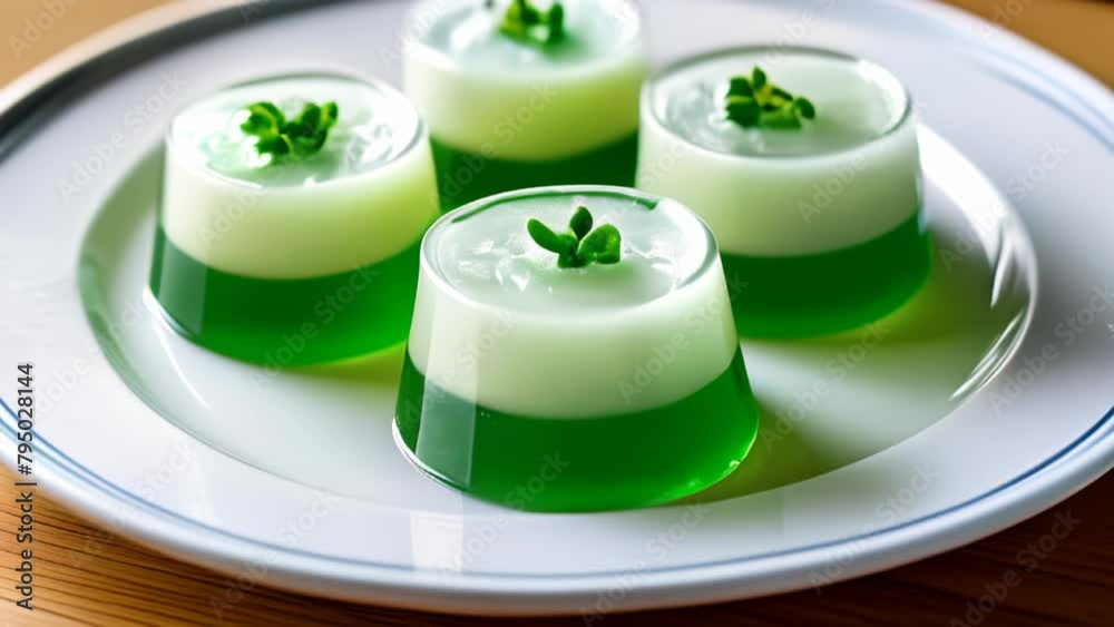 Wall mural  Delicate green gelatin desserts garnished with fresh mint leaves