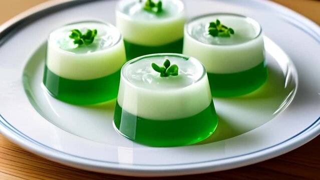  Delicate green gelatin desserts garnished with fresh mint leaves