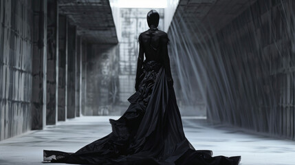 A woman with a black headdress and a white face. The woman is wearing a black dress and has a black hat on her head. Fashion haute-couture avant garde