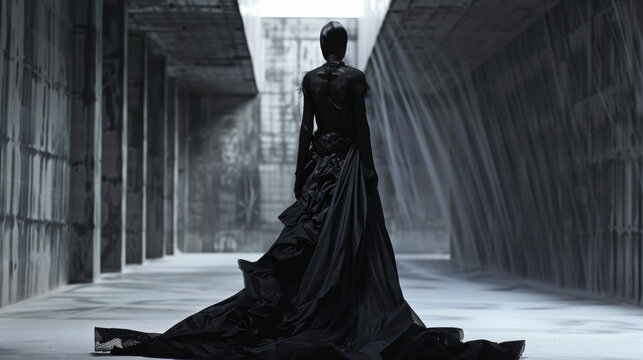 A woman with a black headdress and a white face. The woman is wearing a black dress and has a black hat on her head. Fashion haute-couture avant garde