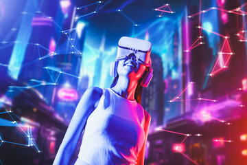 Female standing in cyberpunk style building in meta wear VR headset connecting metaverse, future...