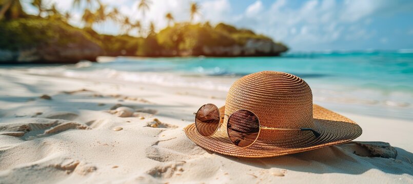 Chic sun hat and trendy sunglasses on tropical beach, capturing summer vibe for travel promotions