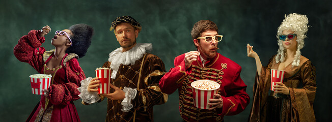 Medieval people, men and women eating popcorn, wearing 3D glasses against dark green background. Concept of comparison of eras, retro and vintage, history. Creative collage