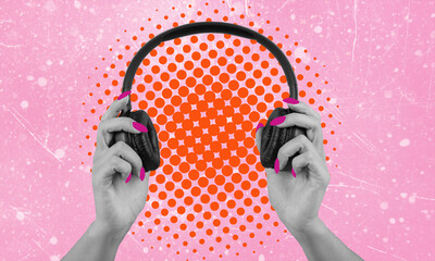 Art collage of modern digital pop art. Headphones in hand on a pink background. Listen to the...