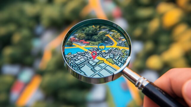 Real Estate concept with an imaginary cadastral map of territory with cityscape, buildings, roads and land parcel - Concept image seen through a magnifying glass