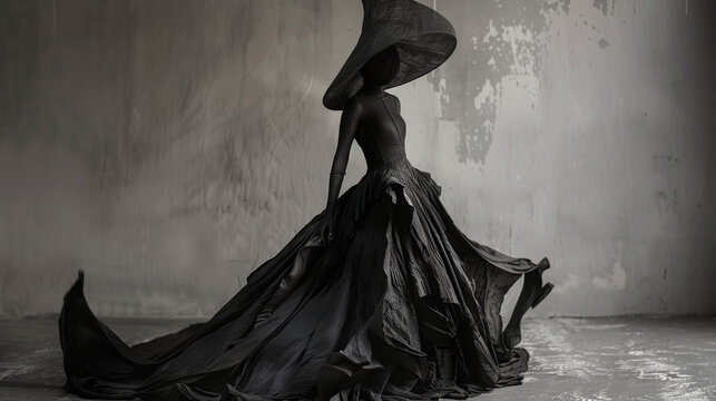 A woman with a black headdress and a white face. The woman is wearing a black dress and has a black hat on her head. Fashion haute-couture avant garde