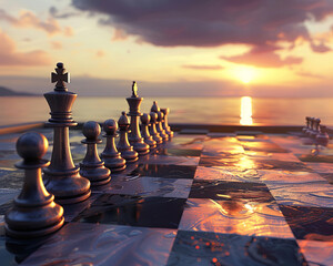The setting sun casts a golden glow over a chessboard, where the silver and black pieces are arranged in a tense standoff. - Powered by Adobe