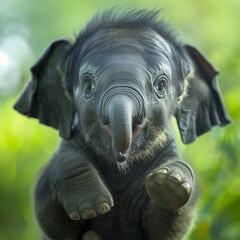 A playful baby elephant in the reserve, a juicy green background, an innocent and joyful expression on his face.