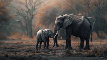 A baby elephant stands next to its mother in the wild, a soft accent on the child, the natural background of the savannah, warm sunlight casting gentle shadows on their gray skin.