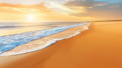 Tranquil tropical beach sunset with golden sky, calm seas, perfect for a peaceful escape