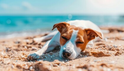 Pedigree puppy relaxing on sandy tropical beach with ocean shore in summer vacation scene