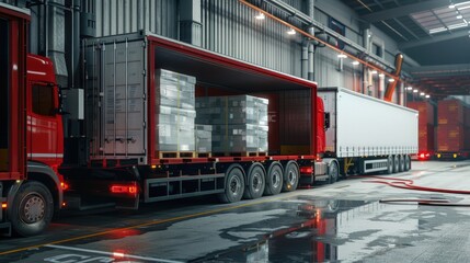  Trailer truck driving on an is loading at the logistics warehouse carrying packages of goods to be delivered to long-distance destinations, background of a goods delivery service company.