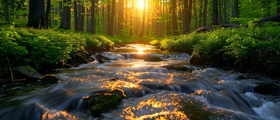 Sunlight illuminates a lush forest with a babbling stream, showcasing the natural beauty of nature. Concept Nature Photography, Lush Forest, Sunlit Scenes, Babbling Stream, Natural Beauty