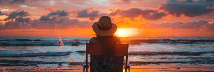 Fototapeta premium Golden Hour Relaxation with Ocean View and Sun Hat