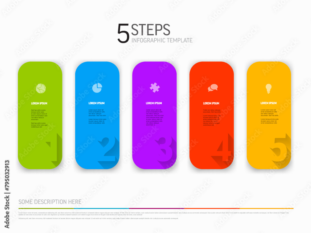 Poster light five solid color card steps template with big numbers icons and description