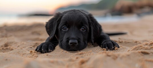 Pedigree puppy relaxing on sandy beach with ocean view, perfect summer vacation scene