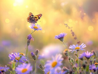 Beautiful wild daisy flowers, purple wild , butterfly in the morning haze in nature