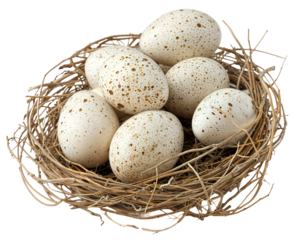 A nest full of tall white, brown dotted ostrich eggs isolated on a transparent background