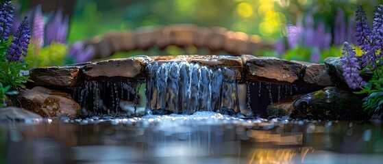 Tranquil spring view with a flowing brook bridge and wisteria flowers. Concept Nature Photography, Spring Scenery, Tranquil Landscapes, Flowing Water, Wisteria Blossoms