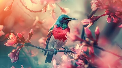 Fototapeta premium Close view of a starling bird in a blooming garden