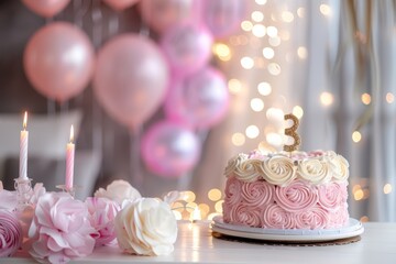 Number 3 candle on celebratory cake with balloons and decorations for birthday or anniversary party