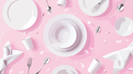Flying clean dishes napkins and cutlery on pink background - obrazy, fototapety, plakaty