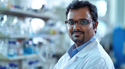 Obraz premium Indian man with glasses scientist working in laboratory with copy space