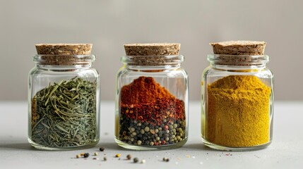 Trio of glass jars each holding different colored spices