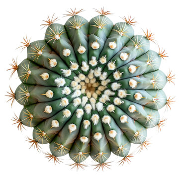 A stunning top down view of a Copiapoa Cinerea cactus set against a transparent background showcases its beauty