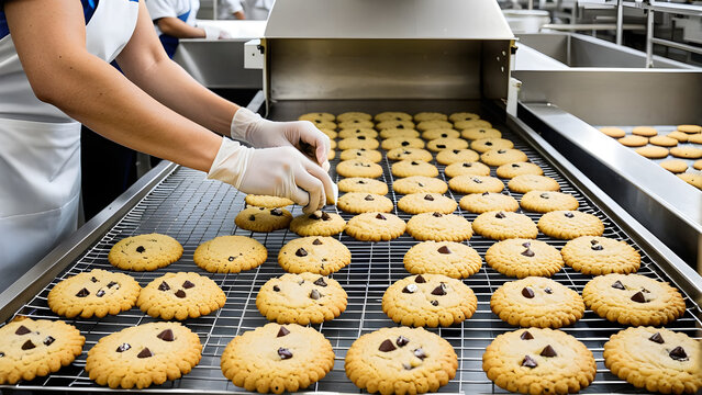 Chocolate chip cookies manufacturing factory, cookie manufacturing process, AI generated