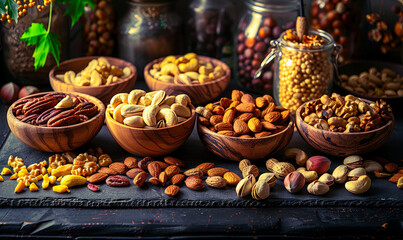 Fototapeta premium Variety of Mixed Nuts in Rustic Wooden Bowls - Almonds, Pistachio, Walnuts, Cashews, Hazelnuts on Black Stone Table. Top View Nut Photography, Healthy Snack