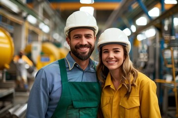 Portrait of happy industrial factory workers. Man and woman, professional worker in a helmet.