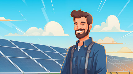 Man engineer of solar power plant standing against solar panels outdoors and smiling.