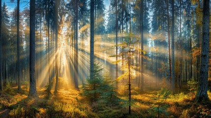 Sunlight filtering through lush green forest foliage in a serene natural setting