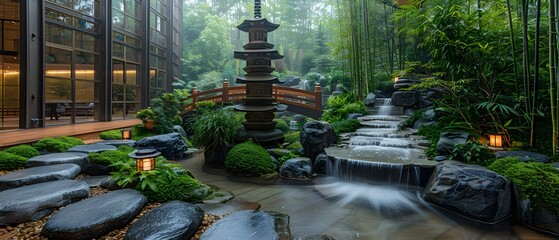 Indoor bamboo garden with stone lanterns bridges water features and wood accents. Concept Bamboo Garden, Stone Lanterns, Water Features, Wood Accents, Indoor Setting
