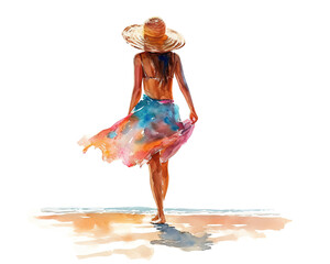 Girl in hat and pareo skirt walking on beach. The sea and sun. Watercolor illustration.
