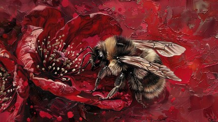 Bee resting on a crimson blossom