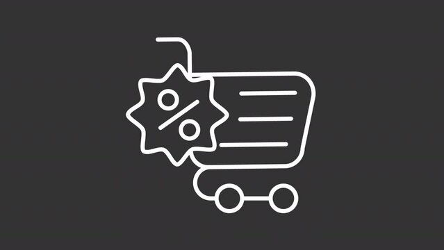Animated discount cart white icon. Shopping cart and discount sign line animation. Price reduction. Sale offer. Isolated illustration on dark background. Transition alpha video. Motion graphic