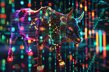 Electronic board of stock market trends, a digital collage of bullish and bearish patterns, symbolizing risk and growth
