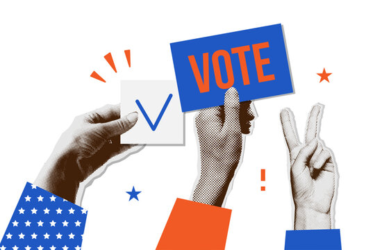 Trendy Banner for election. Halftone hands calling to USA election voting and holding paper signs . Collage for US Election 2024 campaign. Vote day, November 5. Vector nostalgic illustration.
