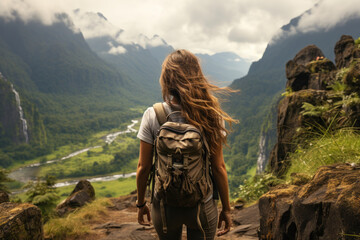Woman travels in the mountains with a backpack.