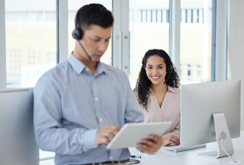Portrait, woman and call centre with computer, headset and telemarketing for sales and customer service. Digital, agent and coworker in office, smile and tablet for tech support, assistance and job