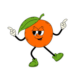 Ripe juicy orange in flat style. Orange character. Funny cartoon retro character in flat style. Groovy orange.