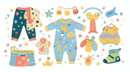 Stylish baby clothes with toys on white background vector