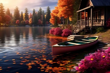 A peaceful lakeside cabin with a rowboat, a pier, and colorful foliage in the background.