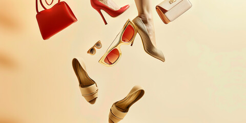 Fashion concept. Female legs in shoes and flying women's items and accessories on beige background