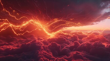 3D render of a geometrically precise thunderstorm with lightning bolts as angular lines