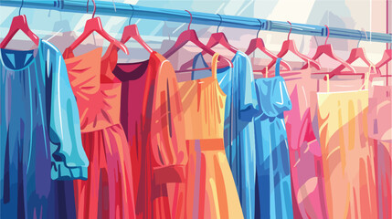 Stylish female clothes hanging in boutique Vector illustration