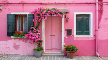 Pink painted façade of the house door and window 